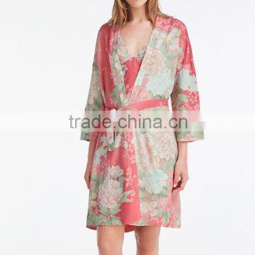 Wholesale Sexy Long Sleeves Women Bride 100% Viscose Digital Printing Woven Rayon Floral Robe