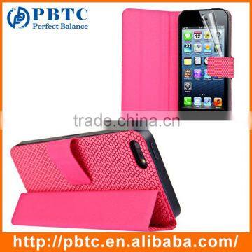 Set Screen Protector And Case For Iphone 5 , Pink Hexagon Pattern PU Plain Flip Leather Case Cover