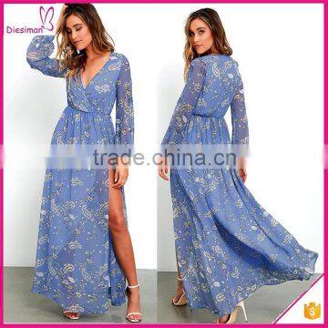 High Side Slit Blue Paisley Print Flowing Hawiian Long Sleeve Maxi Dress