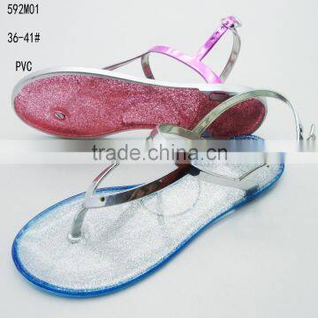 PVC crystal flat bottomed clip-toe ladies sandals with flash powder