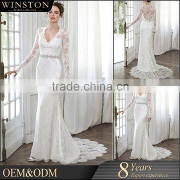 Best Quality elegant sexy long train illusion sleeve lace gown children long wedding dress