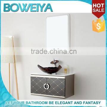 Foshan sanitary ware modern desgin wall mounting easy instal Stainless Steel bathroom vanity with glass wash basin