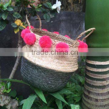 Seagrass belly basket,Hot selling Eco-friendly silver dipped seagrass belly handmade basket with pompoms