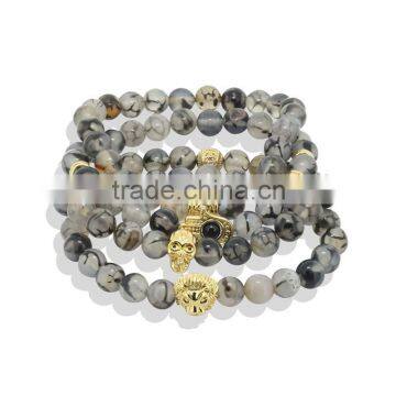 KJL-ST0034 real 24K gold skull head men charm stretch bracelet natural 8mm round gem stone beads women bracelet