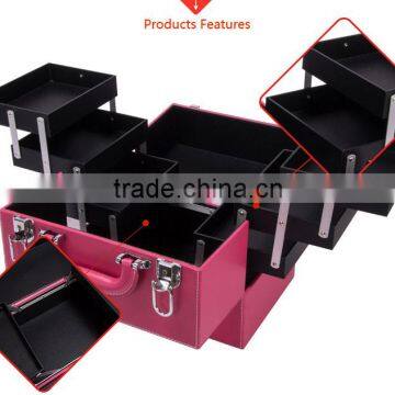 2016 New Professional Pvc Leather Makeup Case Red Beauty Box Cosmetic Organizer With 4 Trays photo-4