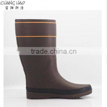 Women rubber rain boot fashion style brown ground has two orange lines flat