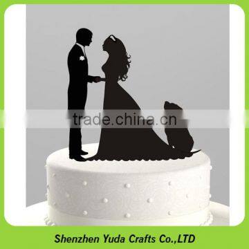 Sweet bride, groom and pet dog cake topper for wedding, plexiglass laser cut cake decorations