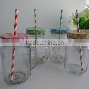 wholesale jar of glass and glass marson jar with lid and straw , 250ml glass jar with handle hot sale