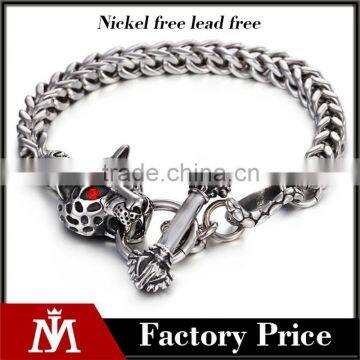 Men Figaro chain leopard head red ruby stone eye stainless steel bracelet