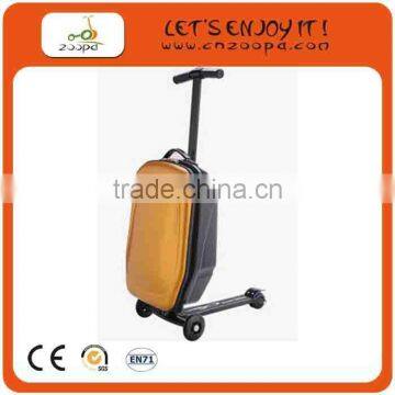 small orange suitcase scooter for business travelling