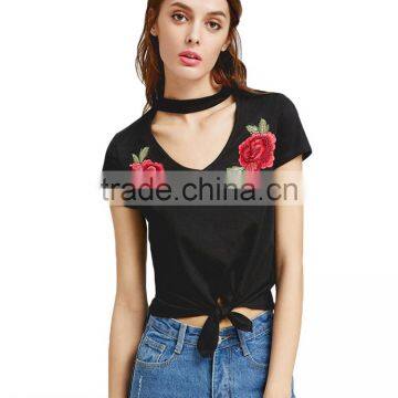 Wholesale Cotton Short Sleeve Necklace V-neck Rose Sexy Bowknot Casual Fashion T-shirt women tops