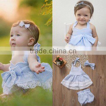 Hot Sale Wholesale Baby Clothes Azure Seersucker Plaid Organic Cotton Baby Clothing Set photo-3