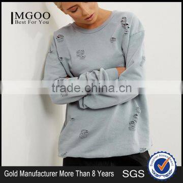 Women Oversized Boyfriends Ripped Sweatshirt Plain Grey Distressed Pullover Drop Shoulder