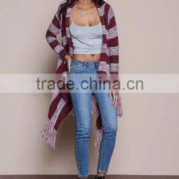 MGOO OEM Custom Burgundy Fringe Cardigan Mohair Striped Outwear Koreas Style Tassels Asymmetric Sweaters photo-2