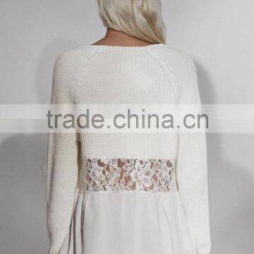 Fashion Women Knit Top Sweater With Lace Trim Pullover photo-2