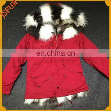 Genuine Fur Coat For Adult Bicolor Fox Fur Hood Parka