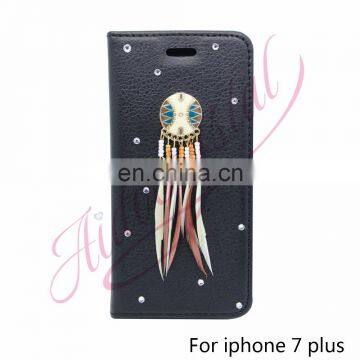 Aidocrystal Stand Wallet Cover Fashion black Leather crystal tassel Phone Case For iPhone 7 For iPhone 7 Plus Luxury Women Bags