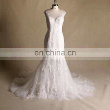 Fantastic Scoop Neck See Through Back Lace Flowers Beaded Mermaid Wedding Dress Bottom Tulle