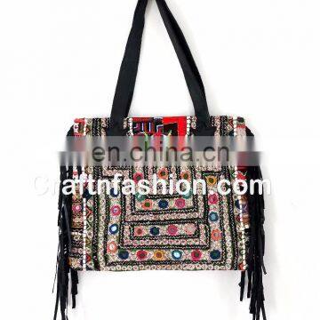 Vintage Banjara Tote Leather Handle Bag- Indian tribal gypsy boho mirror work Lather Handbag