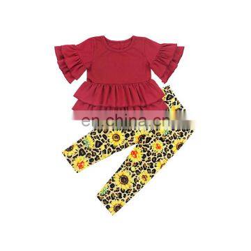 Hot Sale Red 2 Ruffled Design O-Neck Top With Sunflower And Leopard Printed Leggings Baby Kids Clothing Set