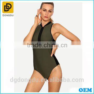 Custom Wholesale 2016 Olive Green Lady Zip Front One-Piece Swimwear