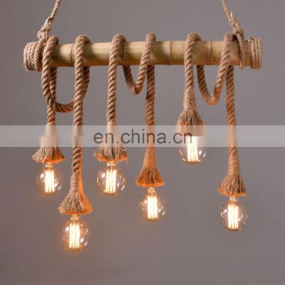 Decorative Bamboo Pendant Light 6 Heads Hemp Rope Pendant Light