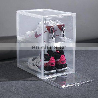 Wholesale Drop Front Magnetic Door Custom Logo Clear PP Plastic Stackable Transparent Plastic Shoe Storage Sneaker Box