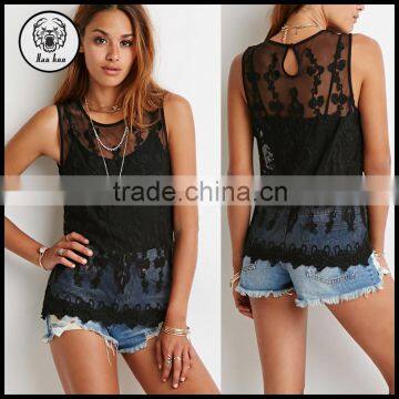 Summer 2015 Sleeveless Sheer Womens Sexy Floral Embroidered Black Mesh Tops