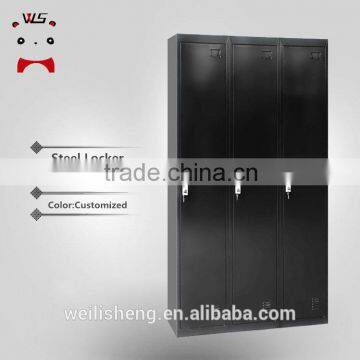 WLS smooth powder black metal wardrobe 3 door key locker