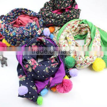 Good Quality Cute Sweet Small Floral Print Colorful Pom Pom Balls Fashion Baby Girls Winter Scarf photo-6