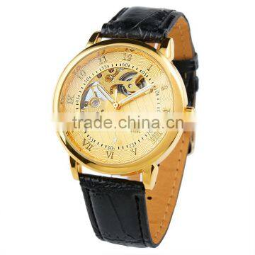 Gents Men's Golden Case Skeleton Dial Hand-Wind Up Luxury Men's Watch WM208