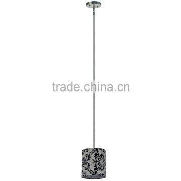 1 light pendant(Lustre/La arana) in satin steel finish with round 8" damask grey decadance fabric shade