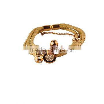 Beautiful Stainless Steel Leather Bangle with Gold Plating 316L Leather Bracelet