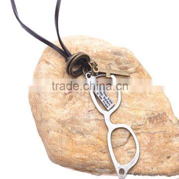 Vintage Genuine Leather Necklace with Antique Sliver Eyeglass Frame Pendant.