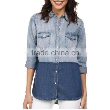 shirttail hemline color block women denim shirt