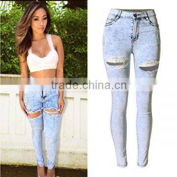 2016 Summer Fashion Damaged Holes Denim Pants Ladies Skinny Pencil Fit Narrow Bottom High Waist Ripped Jeans Women