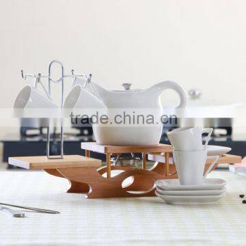 Luxury/Europeanism Bamboo Material Coffee Tea Set Holder With Stainless Steel Rack photo-2