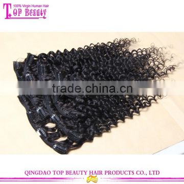 Wholesale unprocessed high quality 100% virgin indian deep curly hair clip in extensions