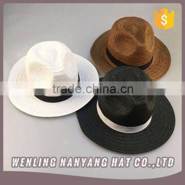 Promotional Solid Color Summer Beach Cap Ribbon Deocrated European Style Panama Fedora Sun Hat