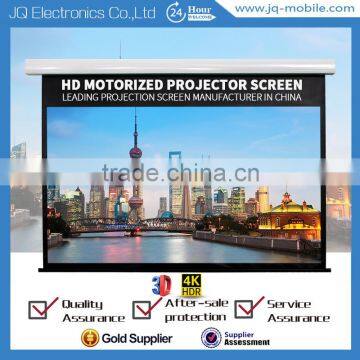 Projection screen roll up tab tensioned electric motorised projector screen