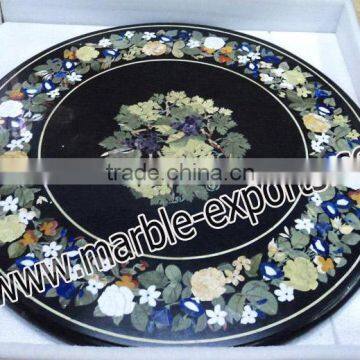 Black flawer Inlaid Round Pietre Dure Marble Table Top, Marble Inlay Table top