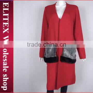 Wholesale V-neck red big pocket long jacket sweater cardigan 2016 women