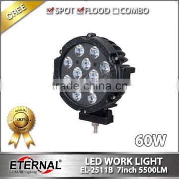 7" 60W round LED work light Jeep Wrangler offroad 4x4 racing buddy vehicles heavy duty equipment led flood lamp