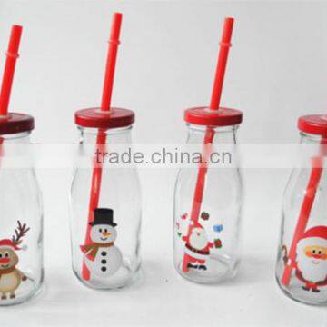 Christmas Use Glass Cow Milk Drinking Bottles With Red Lid and Straw photo-2