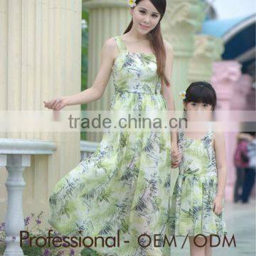 long chiffon green sleeveless parent-child frock dress Mother and Daughter dress design