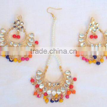 JADAU KUNDAN GOLD PLATED Dangler EARRINGS TIKA SET Real Look photo-2