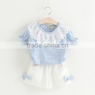 Kids Clothes Plaid Shirt Short Sleeve Round Lace Collar Match Cotton Shorts With Two Smaller Bowknot photo-2