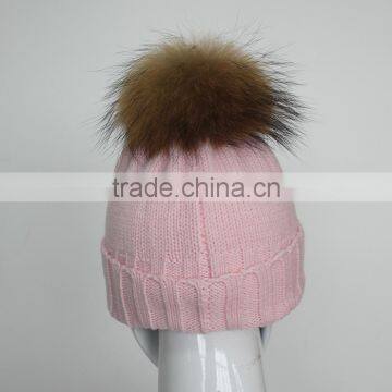 Myfur Baby Pink High Quality Wool Acrylic Knitting Hat and Cap With Raccoon Fur Ball Wholesale photo-4