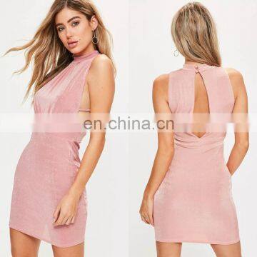 Pink Side Strap High Neck Bodycon Dress Sexy Style