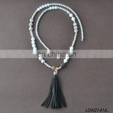 Wron Siver Beaded Leather Tassel Long Necklaces